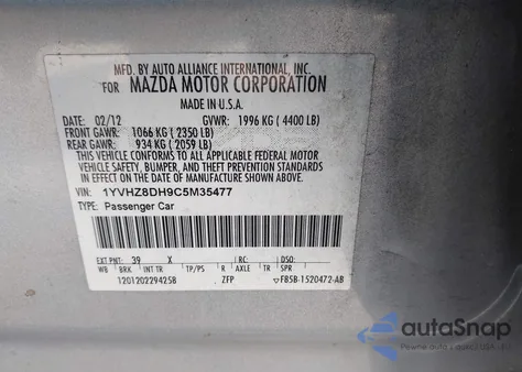 2012 Mazda 6 I Touring z USA, uszkodzony, nr VIN 1YVHZ8DH9C5M35477